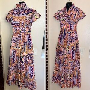 1960s Vintage Pink Purple Black Blue Green Flower Power Short Sleeve Jumpsuit